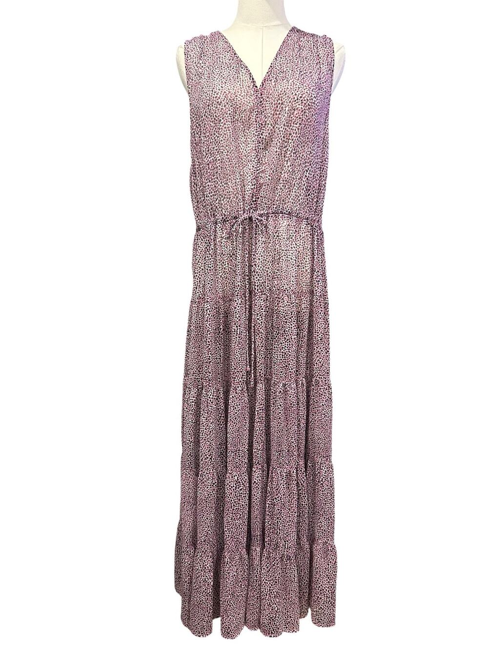 DKNY Pink Animal Print Boho Maxi Dress Sleeveless Tiered Tie Waist Women's SZ L